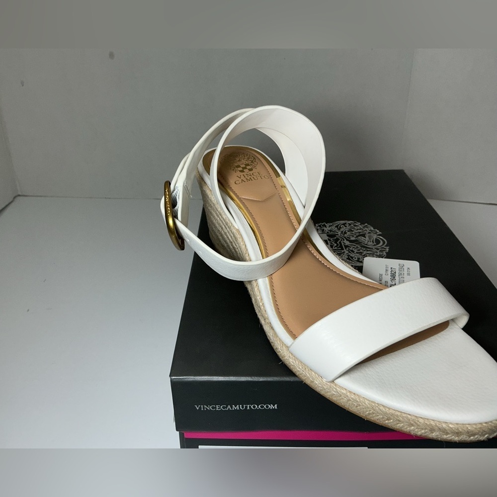 Vince Camuto White Wedge Sandals with Gold Buckle - Picture 4 of 5